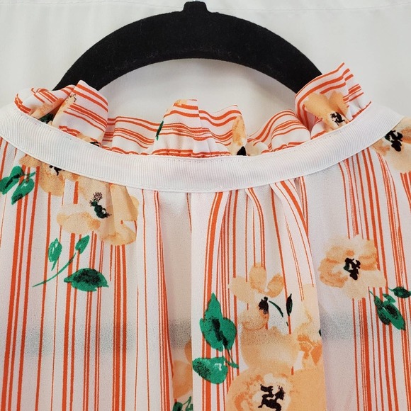 Elle semi sheer peach stripe & floral ruffle neck blouse medium - Picture 5 of 9